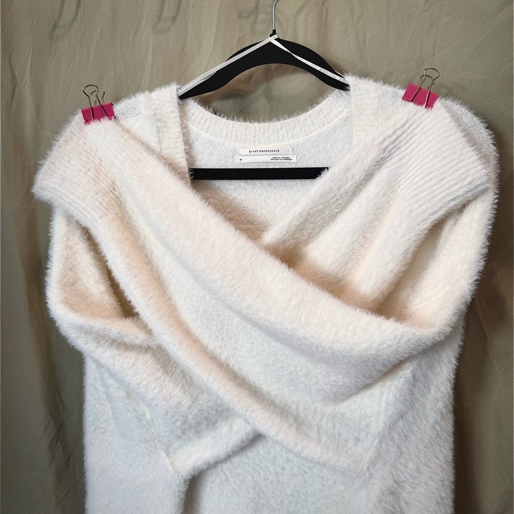 By Anthropologie Oversized Deep V-Neck Eyelash Tunic Ivory Sweater - Picture 7 of 12